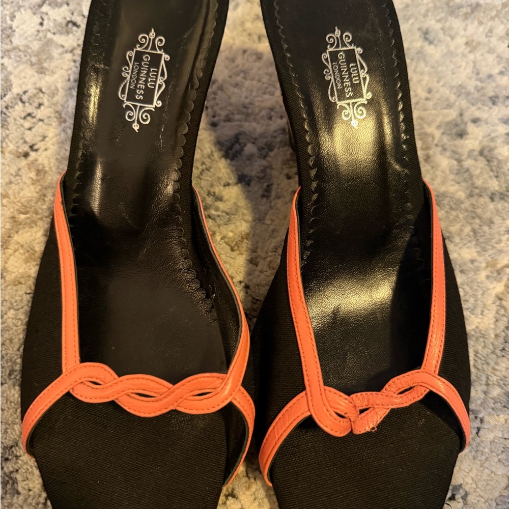 Lulu Guinness London- black and coral embroidered wedge - size 10